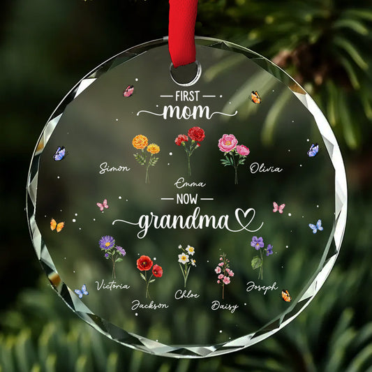 First Mom Now Happiness Grandma - Personalized Custom Glass Ornament