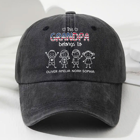 This Grandpa Belongs To Us America - Personalized Custom Vintage Washed Denim Cap