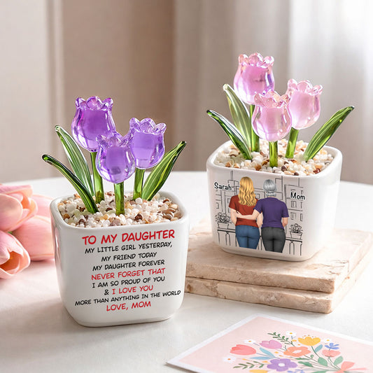Mom And Daughter Forever Back View - Personalized Custom Glass Everlasting Tulips