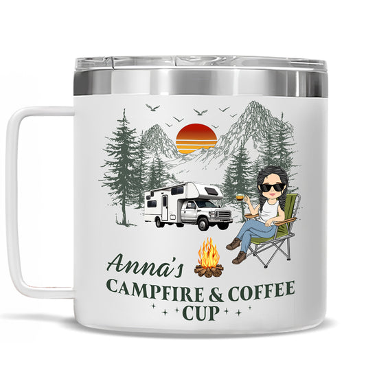 Campfire And Coffee Cup - Personalized Custom 14oz Stainless Steel Tumbler With Handle