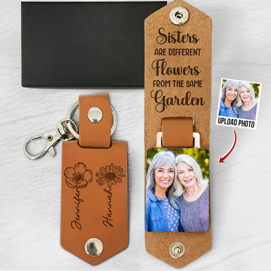 Sisters Are Flowers - Personalized Leather Photo Keychain