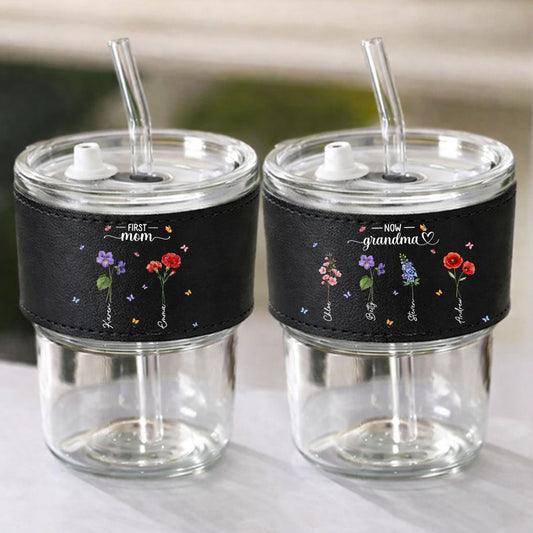 Grandma Birthmonth Flower - Personalized Custom Leather Glass Cup