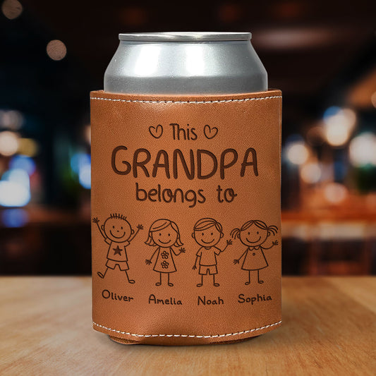 This Grandpa Belongs To Us - Personalized Custom Engraved Leather Can Cooler Holder