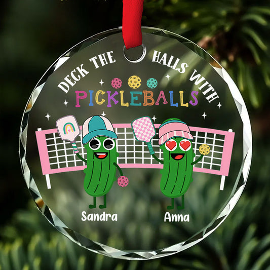 Deck The Halls With Pickleballs - Personalized Custom Glass Ornament