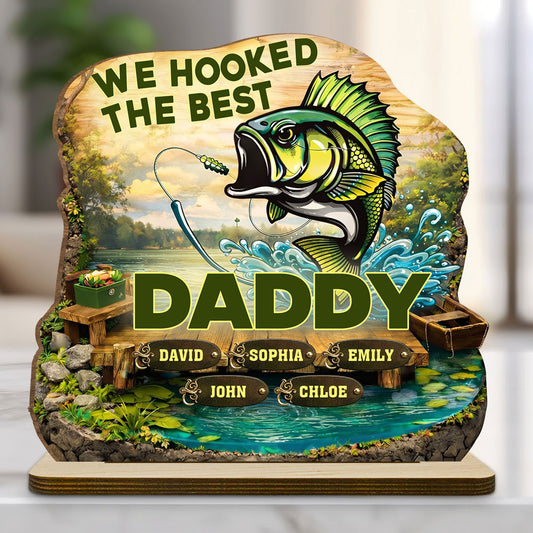 Hooked The Best Dad - Personalized Custom 2-Layer Wood Plaque With Flat Base