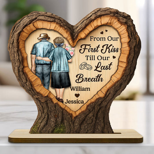 Our Journey Begins With First Kiss - Personalized Custom 2-Layer Wood Plaque With Flat Base