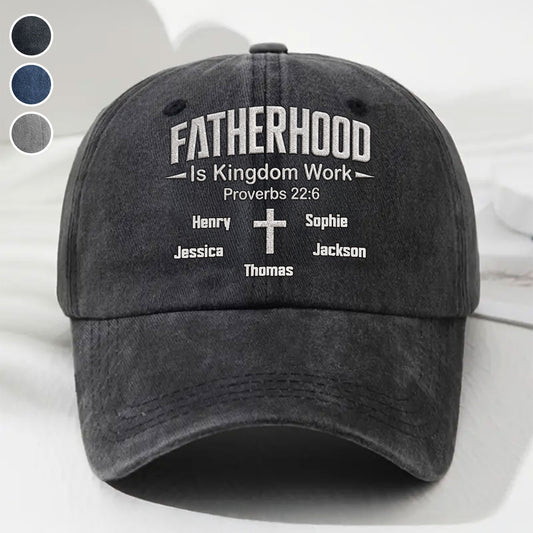 Fatherhood Is Kingdom Work - Personalized Custom Vintage Washed Denim Cap