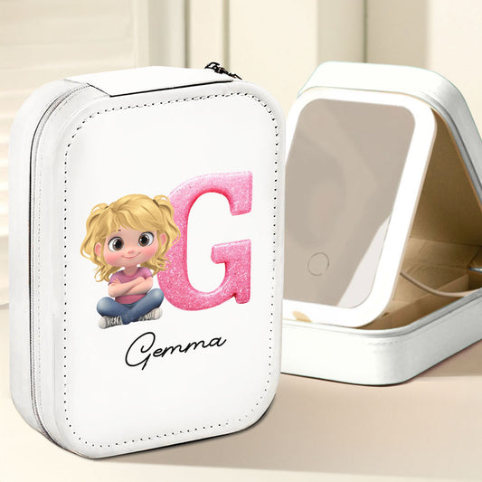 Glitter Alphabet Cartoon - Personalized Jewelry Box With LED Mirror