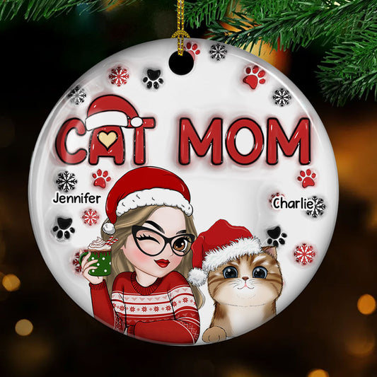 Cat Mom Christmas -  Personalized Custom 3D Inflated Effect Ceramic Ornament