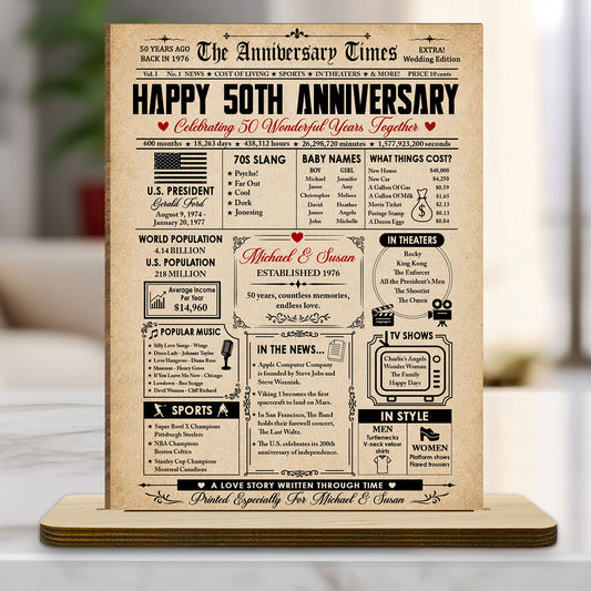 The Anniversary Times - Personalized Custom 2-Layer Wood Plaque With Flat Base