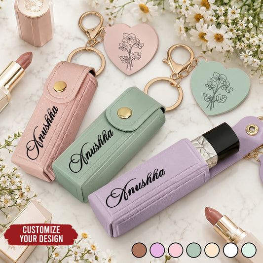 Flowers Named After You- Personalized Custom Leather Lipstick Case Keychain With Mirror