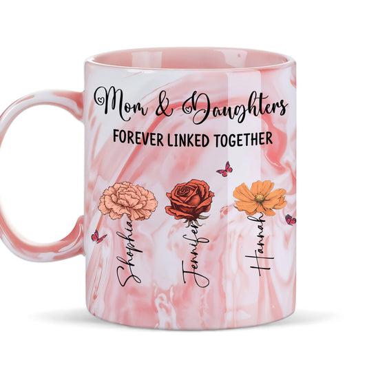 Mom And Daughter Forever Linked Together - Personalized Custom Pink Marble Mug