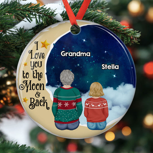 Grandma Grandkids On Moon - Personalized Custom Circle Ceramic Ornament