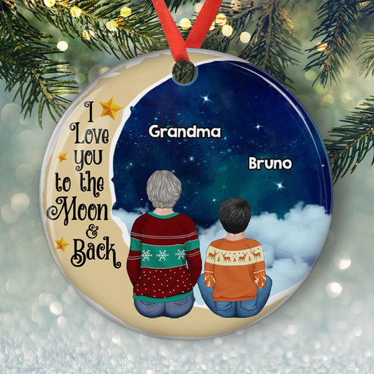 Grandma Grandkids On Moon - Personalized Custom Circle Ceramic Ornament