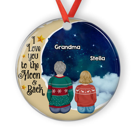 Grandma Grandkids On Moon - Personalized Custom Circle Ceramic Ornament